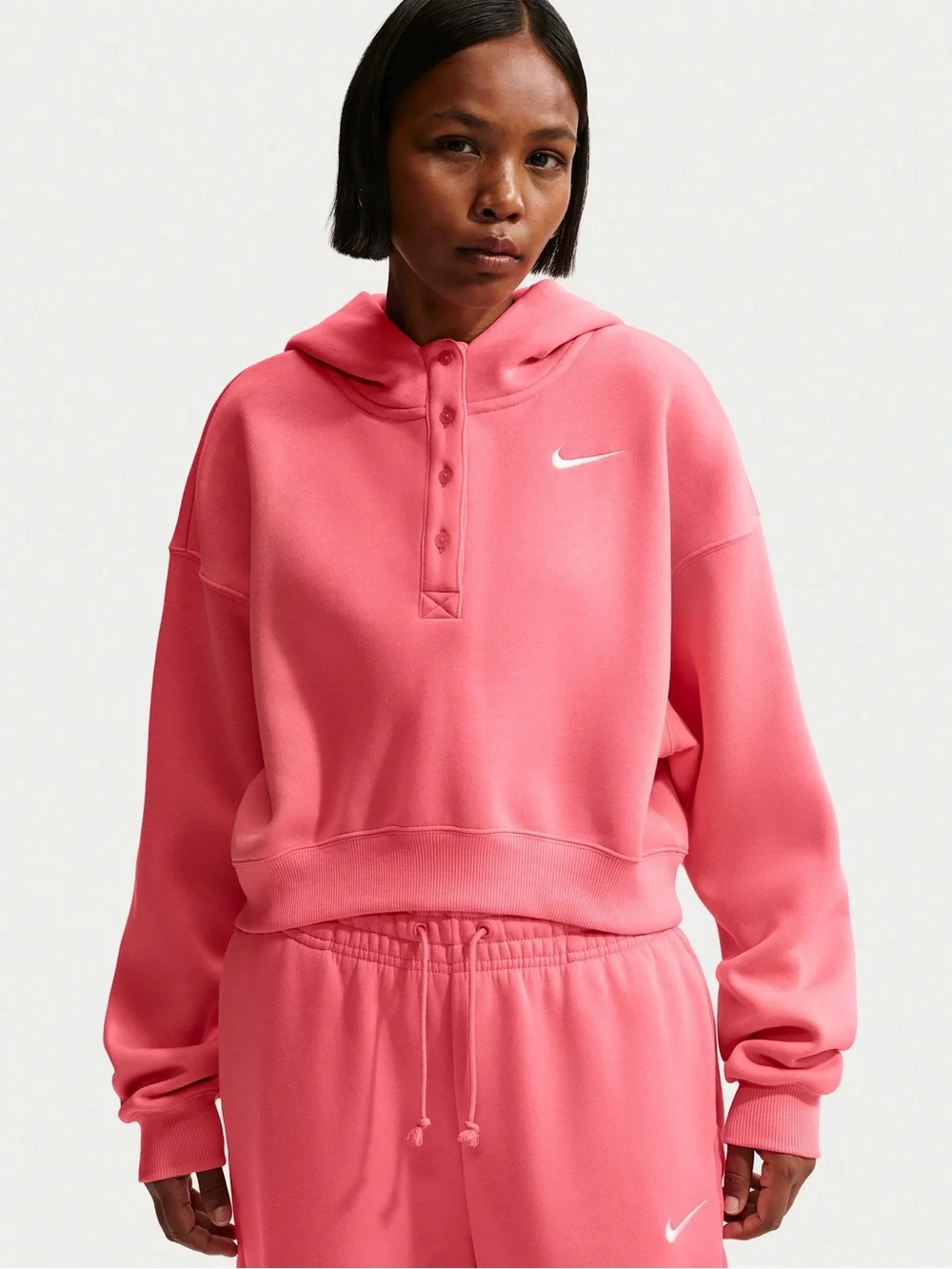 Nike Coral-Pink Button-Placket Hoodie